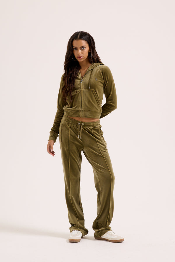 DARK OLIVE VELOUR OUTLINE DIAMANTÉ TRACKSUIT BOTTOM