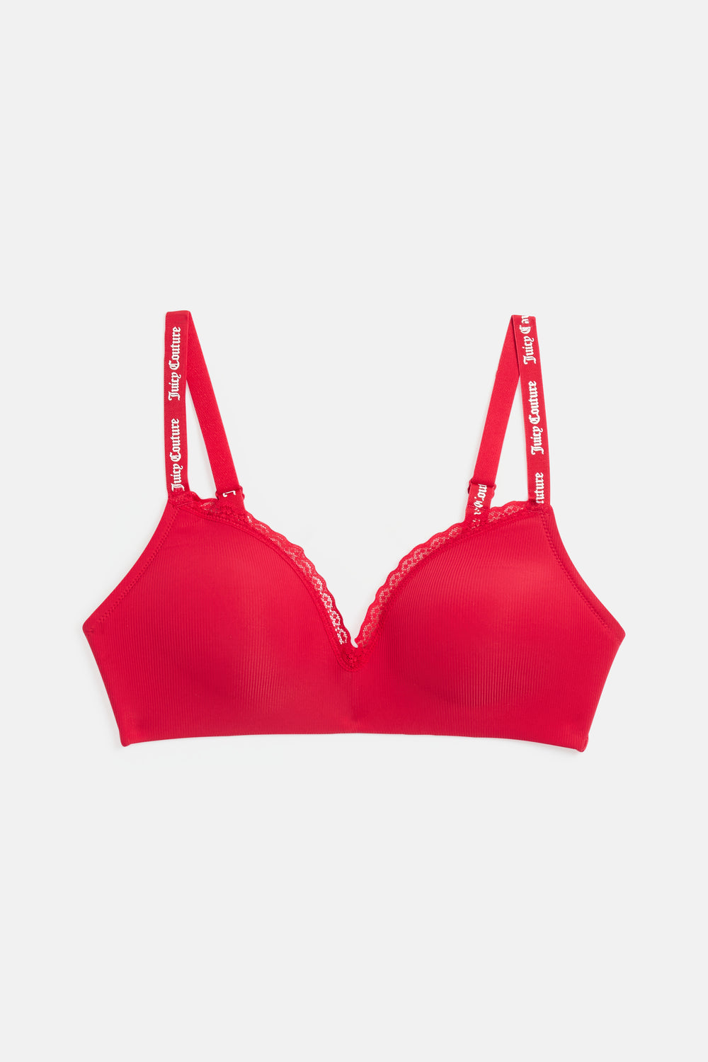 Displays the Red 'Juicy' branded Ribbed Microfibre Lace Trim Bralette