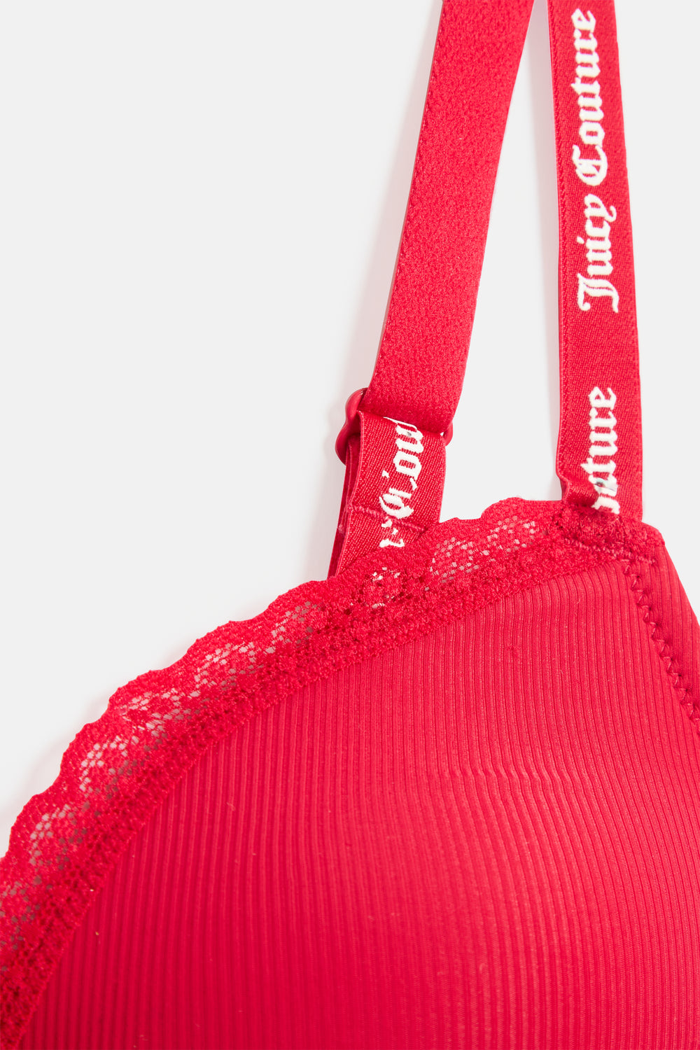 Displays the Red 'Juicy' branded Ribbed Microfibre Lace Trim Bralette featuring the details on the juicy branding 
