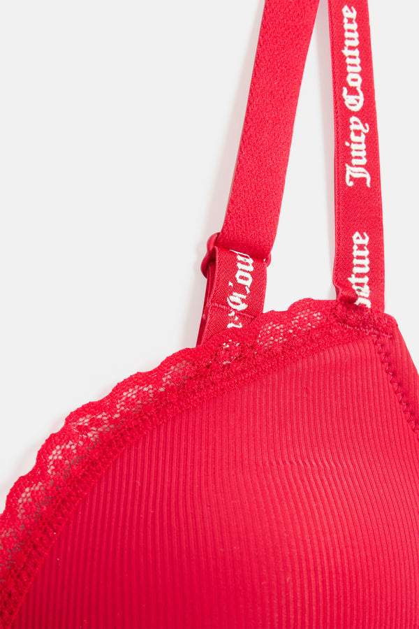 Red Ribbed Microfibre Lace Trim Bralette
