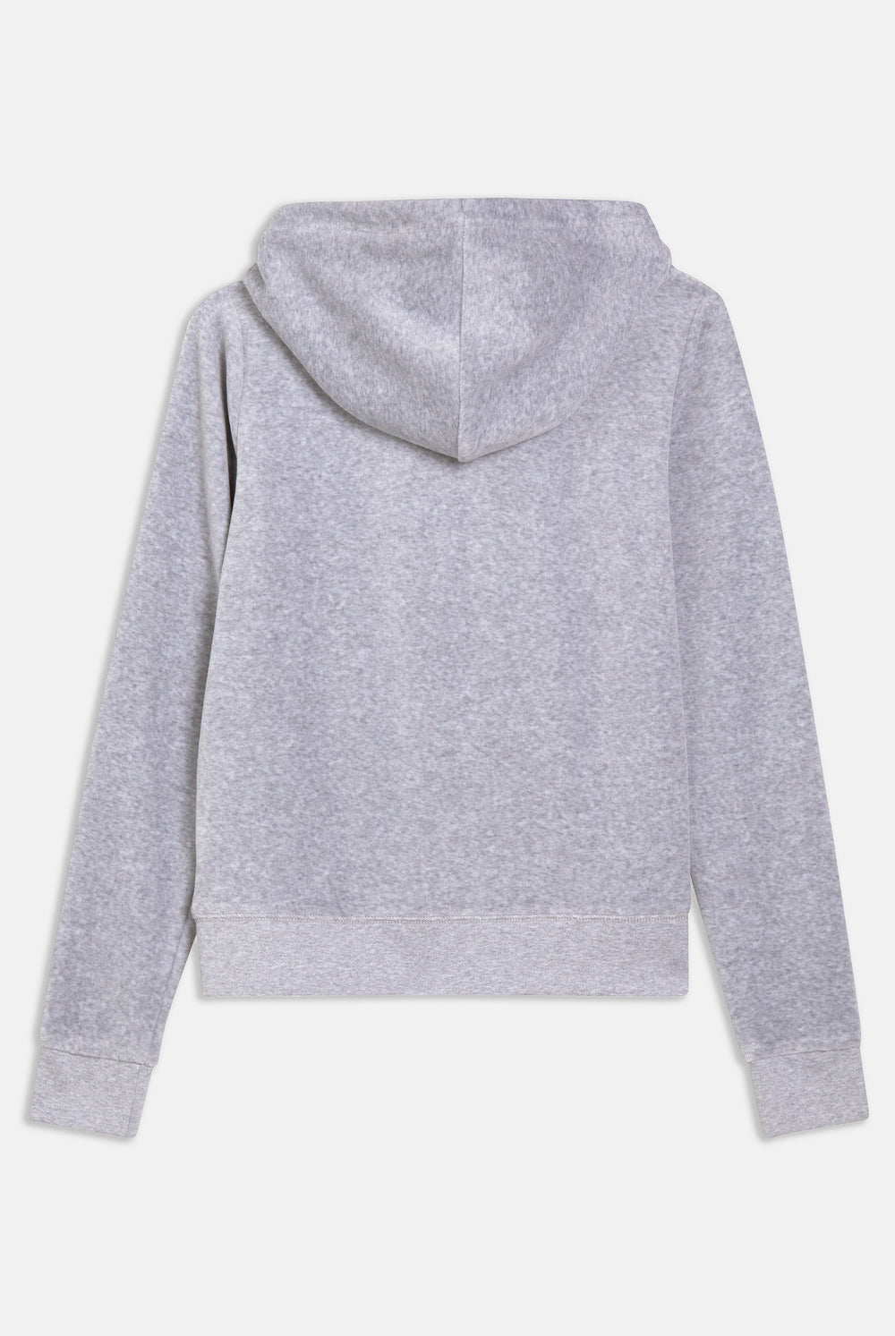 A silver marl classic velour hooded hoodie with a slim fit, featuring a kangaroo pockets and a self-fabric lined hood, zip through the front, and a gothic J zip pull.