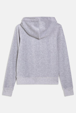 A silver marl classic velour hooded hoodie with a slim fit, featuring a kangaroo pockets and a self-fabric lined hood, zip through the front, and a gothic J zip pull.