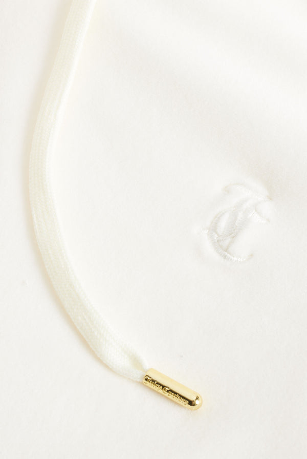 Displays the Cream & Gold 'Juicy' branded velour Robertson hoodie featuring the juicy couture logo