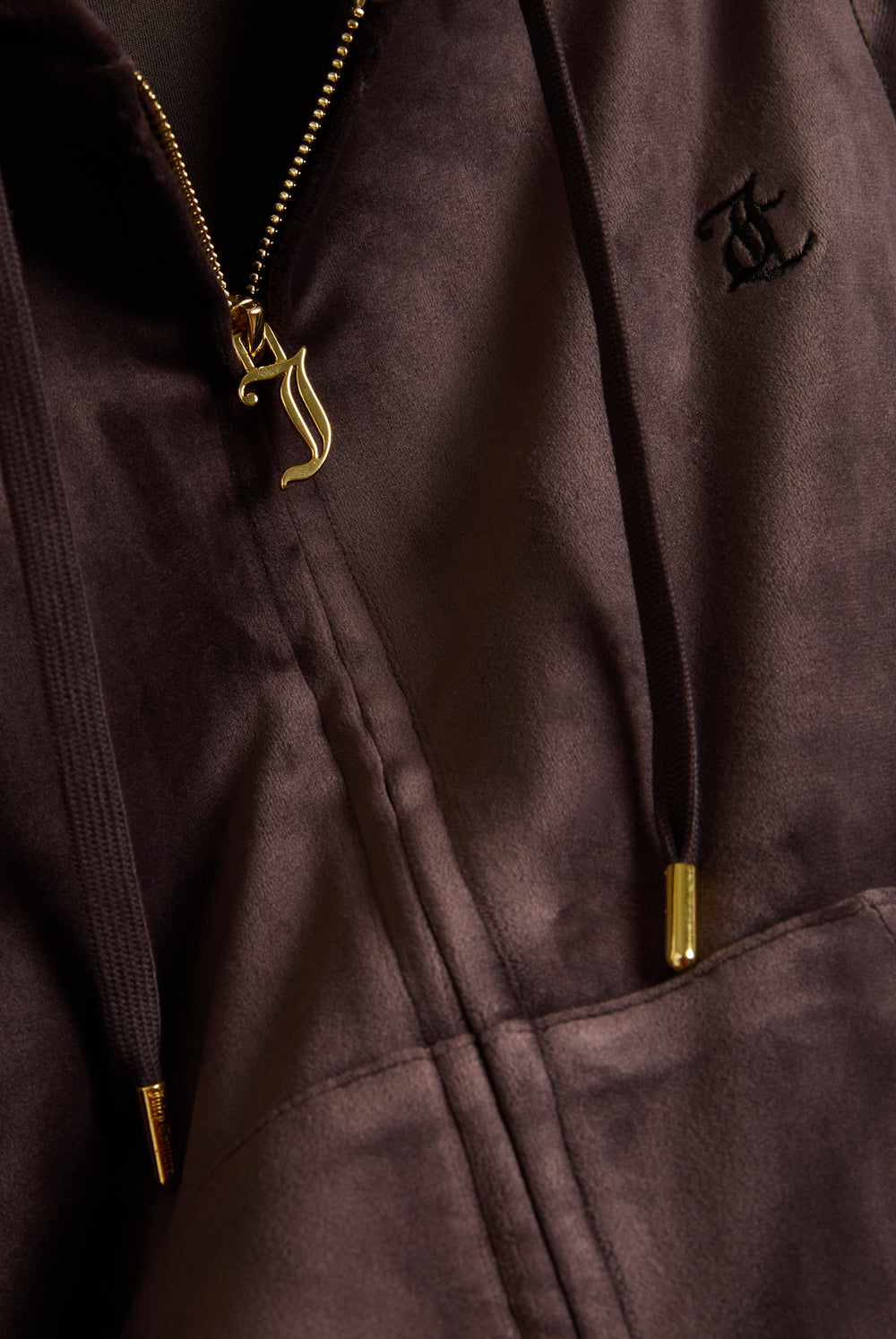 Displays the Java & Gold 'Juicy' branded classic velour Robertson hoodie featuring the juicy zip and branding 