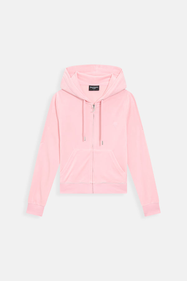 Displays the Pink Classic 'Juicy' branded Velour Robertson Hoodie 