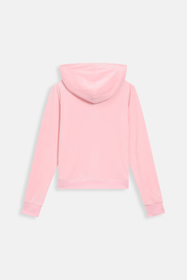 Displays the Pink Classic 'Juicy' branded Velour Robertson Hoodie 