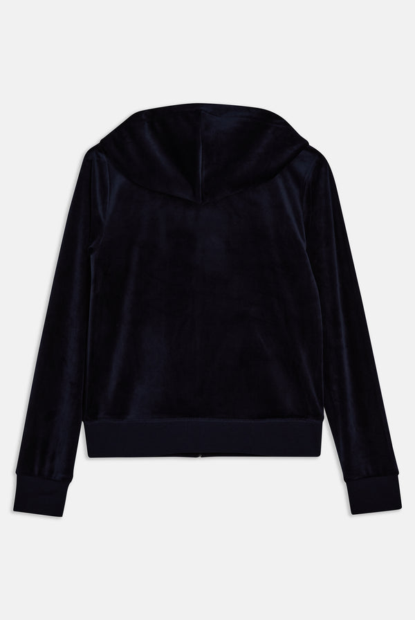 The back of a Navy Blue velour hoodie on a white background