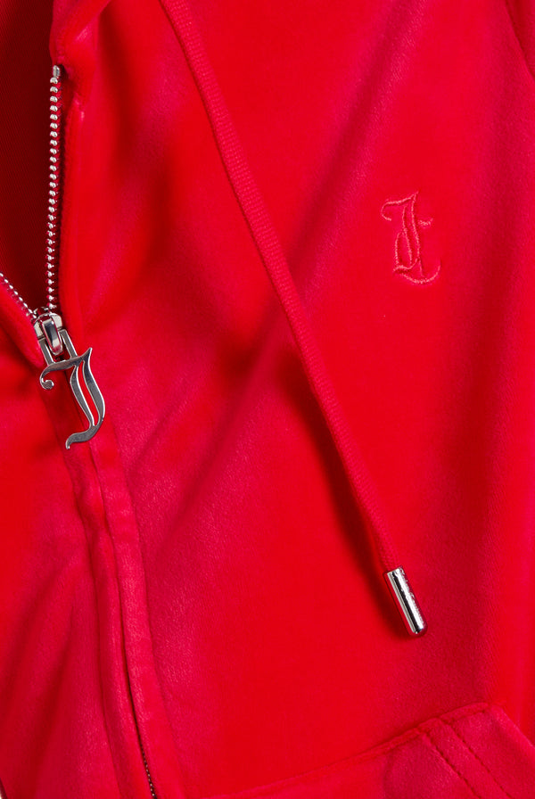Displays the Toreador 'Juicy' branded classic velour Robertson hoodie featuring the juicy branding 