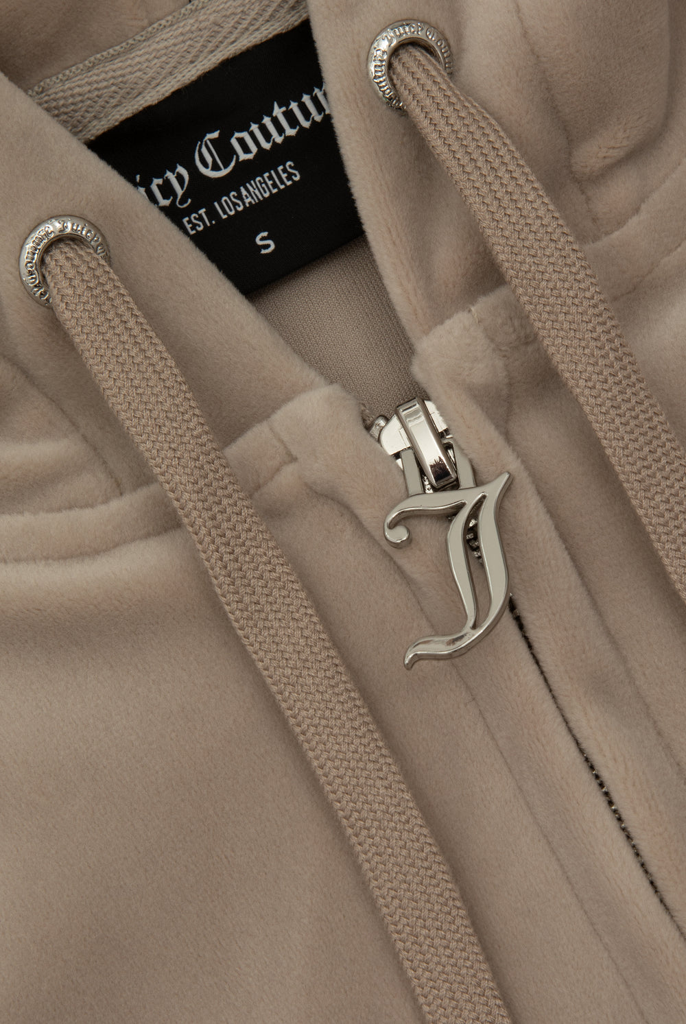 Displays the string classic 'juicy' branded velour Robertson hoodie featuring the juicy zip