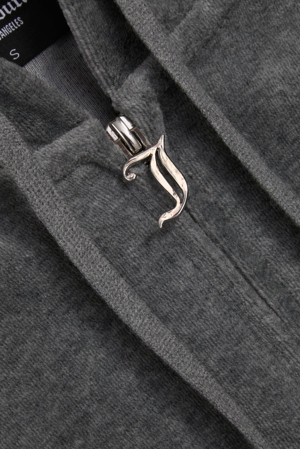Displays the Charcoal Marl 'Juicy' cotton velour Robertson hoodie featuring the juicy zip