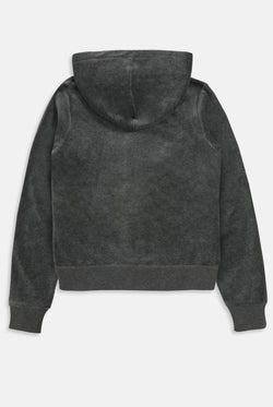 Displays a model wearing the Charcoal Marl 'Juicy' cotton velour Robertson hoodie 