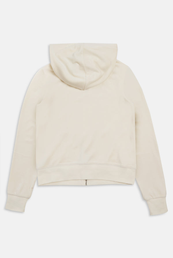 Displays the cream classic 'Juicy' branded velour Robertson hoodie 