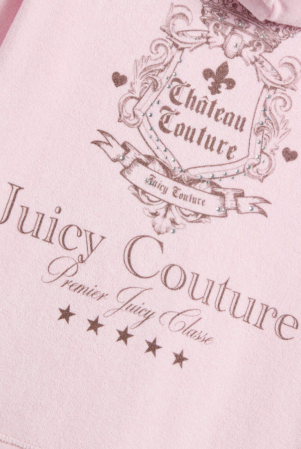 Displays a model wearing the Cherry Blossom Towelling 'Juicy' branded chateau hoodie featuring the Juicy Logo