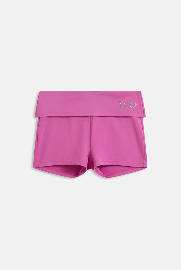 Displays the Super Pink Luxury 'juicy' branded jersey roll down diamanté shorts 