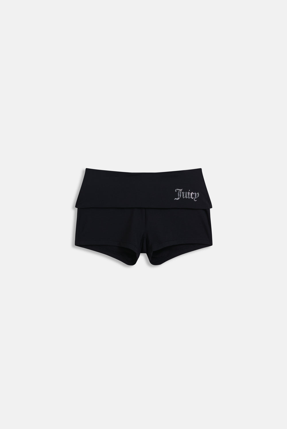 Displays the Black 'Juicy' Branded Luxury Jersey Roll down Diamanté shorts 