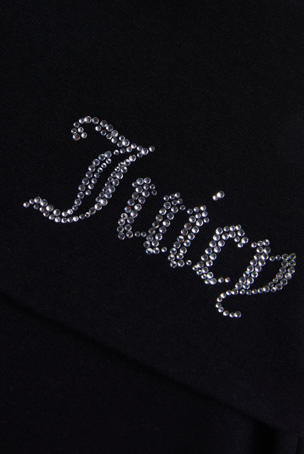 Displays the Black 'Juicy' Branded Luxury Jersey Roll down Diamanté shorts featuring the juicy Logo