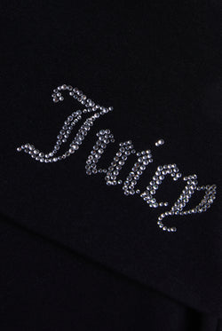 Displays the Black 'Juicy' Branded Luxury Jersey Roll down Diamanté shorts featuring the juicy Logo