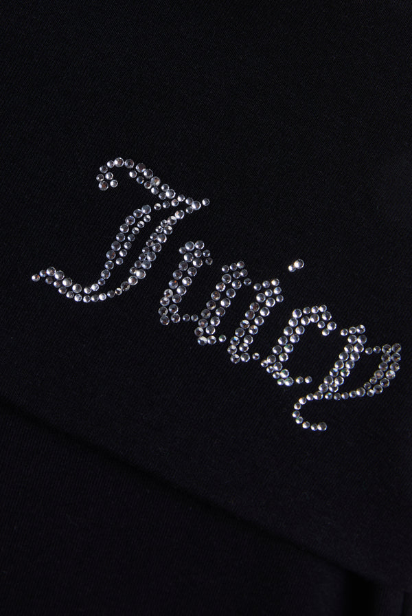 Displays the Black 'Juicy' Branded Luxury Jersey Roll down Diamanté shorts featuring the juicy Logo