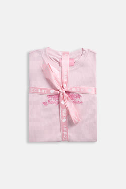 Displays the packaging for the Cherry Blossom 'Juicy' branded Rose Rib Pyjama Set