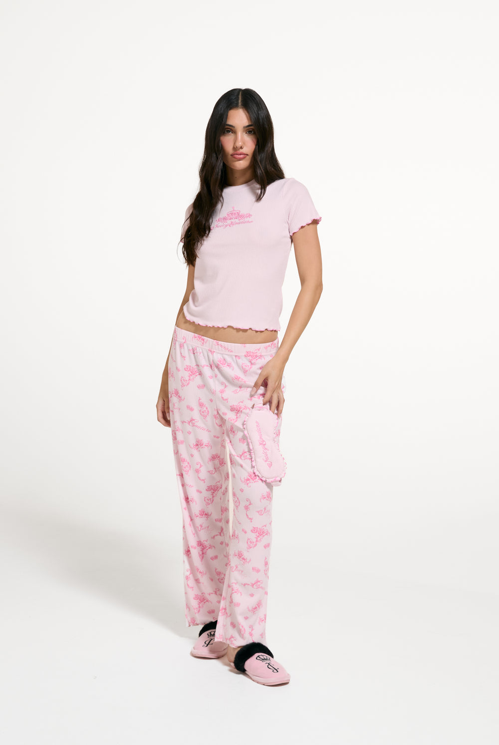 Displays a model wearing the Cherry Blossom 'Juicy' branded Rose Rib Pyjama Set