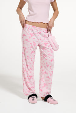 Displays a model wearing the Cherry Blossom 'Juicy' branded Rose Rib Pyjama Set