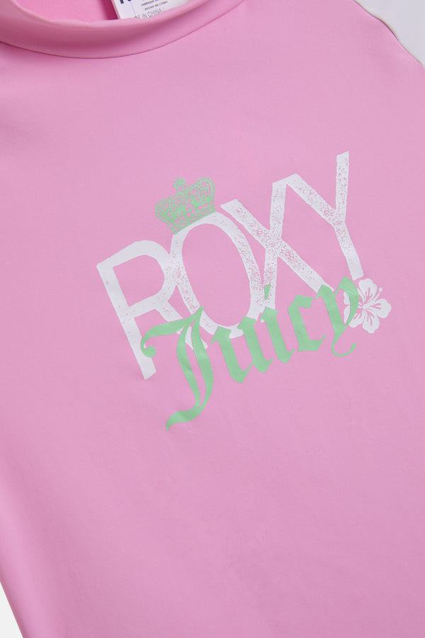 Displays the coconut milk Roxy and juicy couture lycra top featuring the Roxy and juicy couture branding