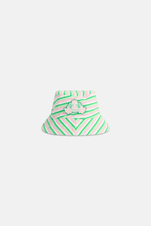 Displays the Azalea pink Roxy & Juicy couture reversible bucket hat  