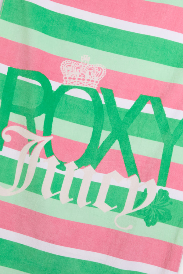 Displays the Island green Roxy & Juicy Couture beach towel featuring the Roxy x juicy Couture branding 