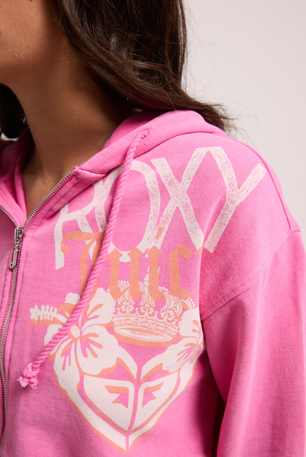 Displays a model wearing the Pink Azalea Roxy & juicy Couture boxy hoodie 