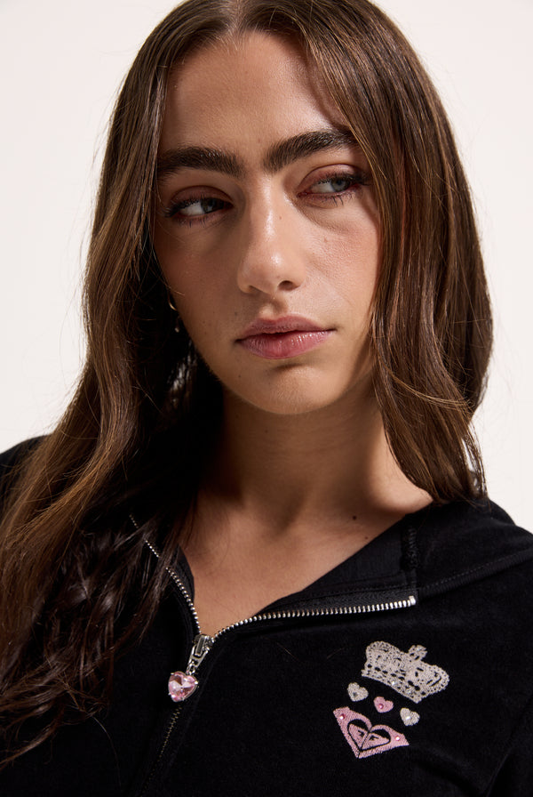 Displays a model wearing the Black Roxy & Juicy Couture Terry towelling hoodie 