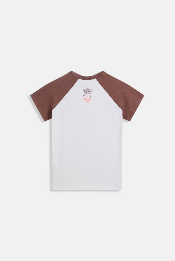 Displays the Coconut Milk Roxy & Juicy Couture raglan graphic tee 