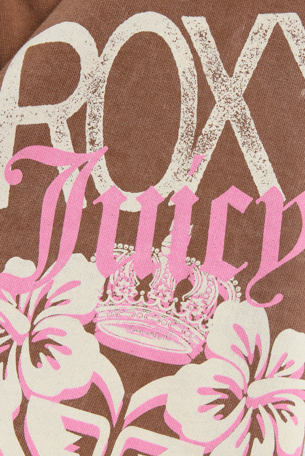 Displays the Tiramisu Roxy & Juicy couture relaxed jorts featuring the Roxy x Juicy Couture logo