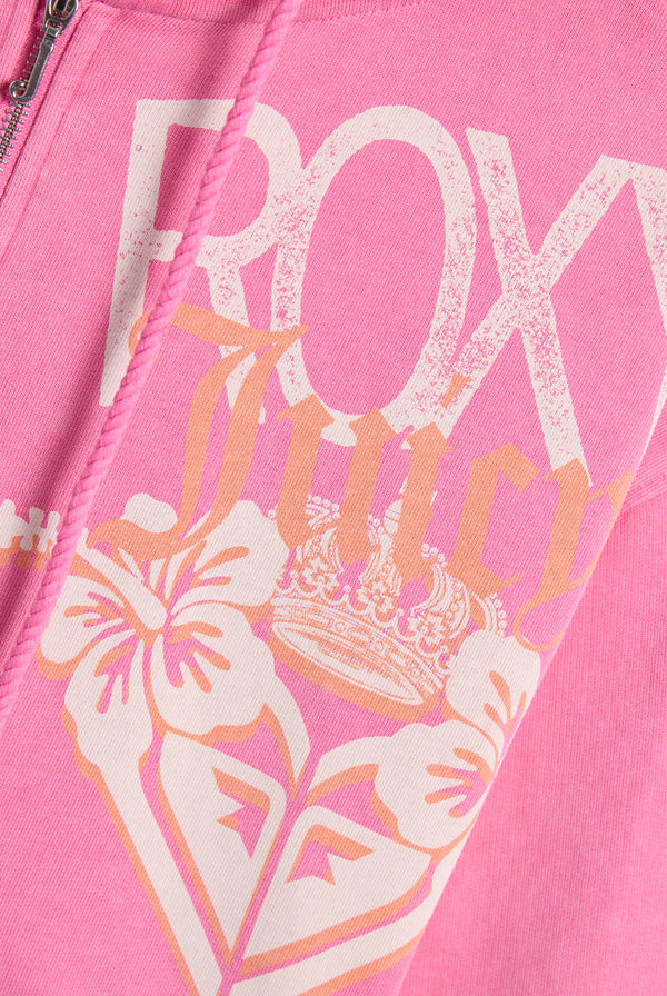 Displays the Pink Azalea Roxy & juicy Couture boxy hoodie featuring the Roxy x Juicy Couture 