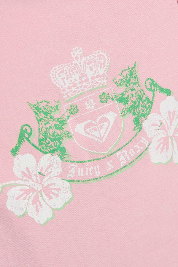 Displays the Candy Pink Roxy & Juicy Couture crest tank top featuring the juicy x Roxy logo