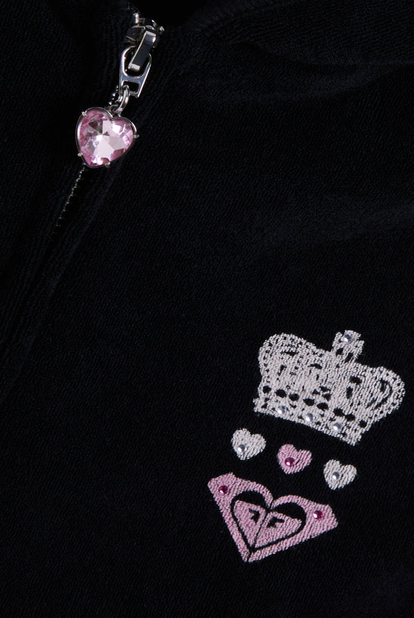 Displays the Black Roxy & Juicy Couture Terry towelling hoodie featuring the Roxy x juicy logo and zip 