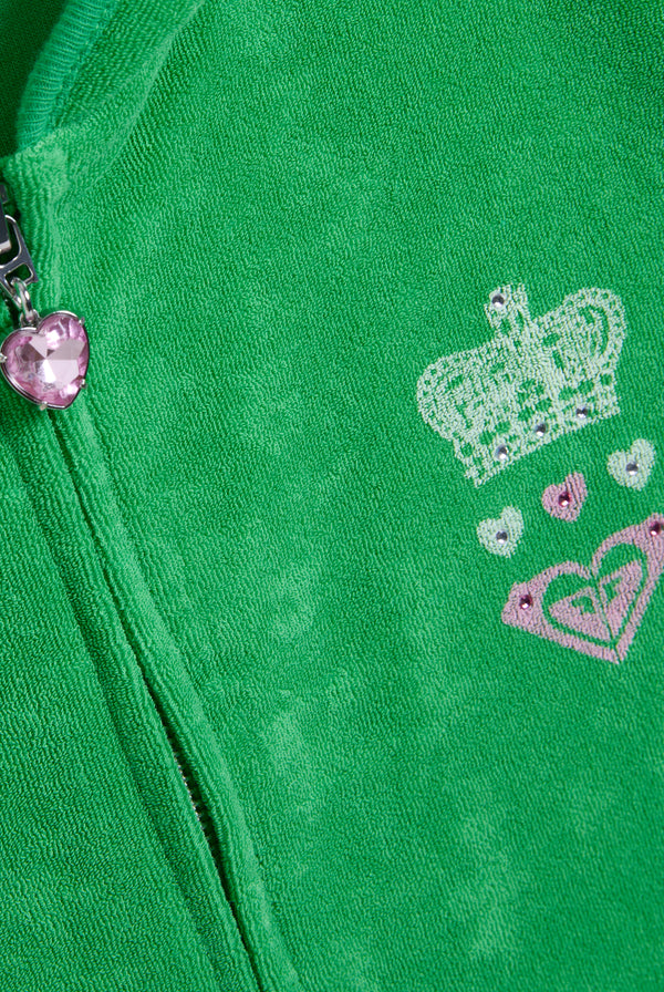 Displays the island green Roxy & Juicy Couture Terry towelling hoodie featuring the juicy Couture x Roxy logo and zip