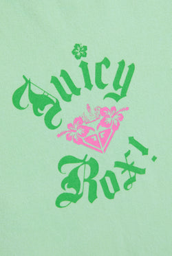 Displays the Green Ash Roxy & Juicy couture baby tee featuring the juicy x Roxy logo 