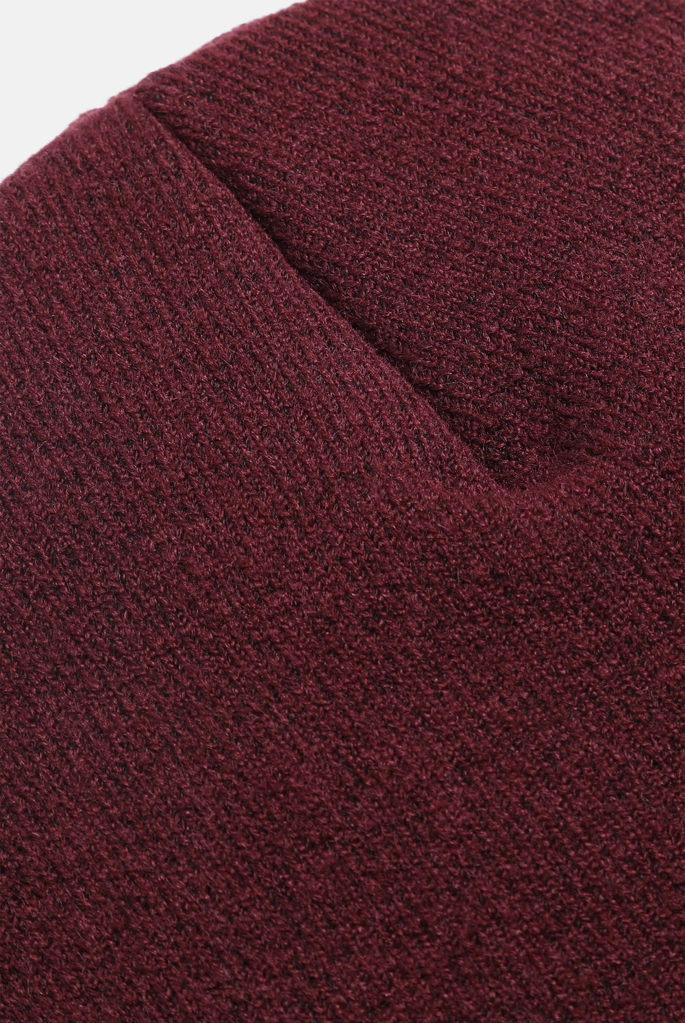 Displays the Burgundy 'Juicy' branded Script Beanie featuring close up on the details 