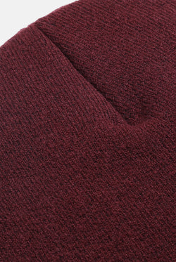 Displays the Burgundy 'Juicy' branded Script Beanie featuring close up on the details 