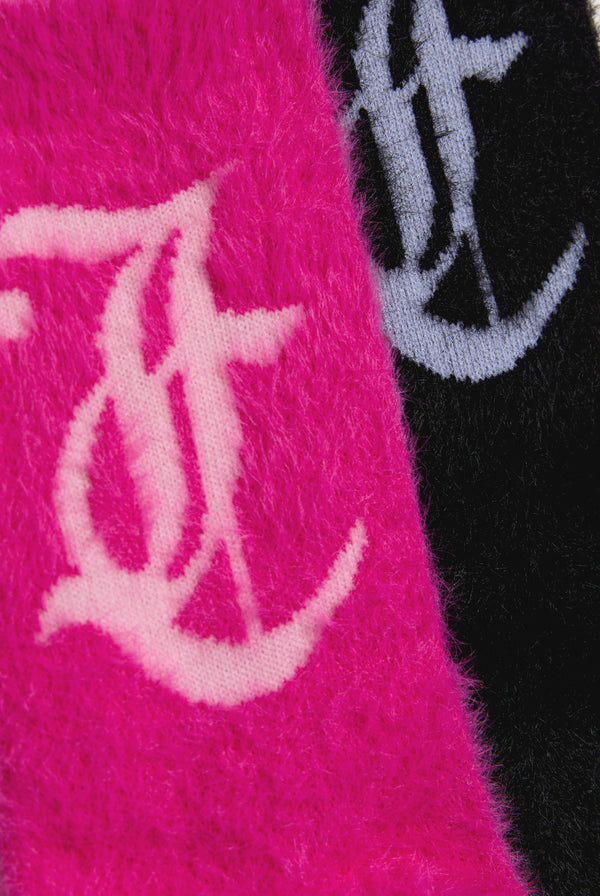 Displays the Black & Pink seasonal 'Juicy' branded fluffy socks 2 pack featuring the juicy branding
