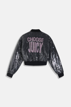 Displays the 'juicy' branded choose juicy sequin cropped bomber featuring the juicy branding 