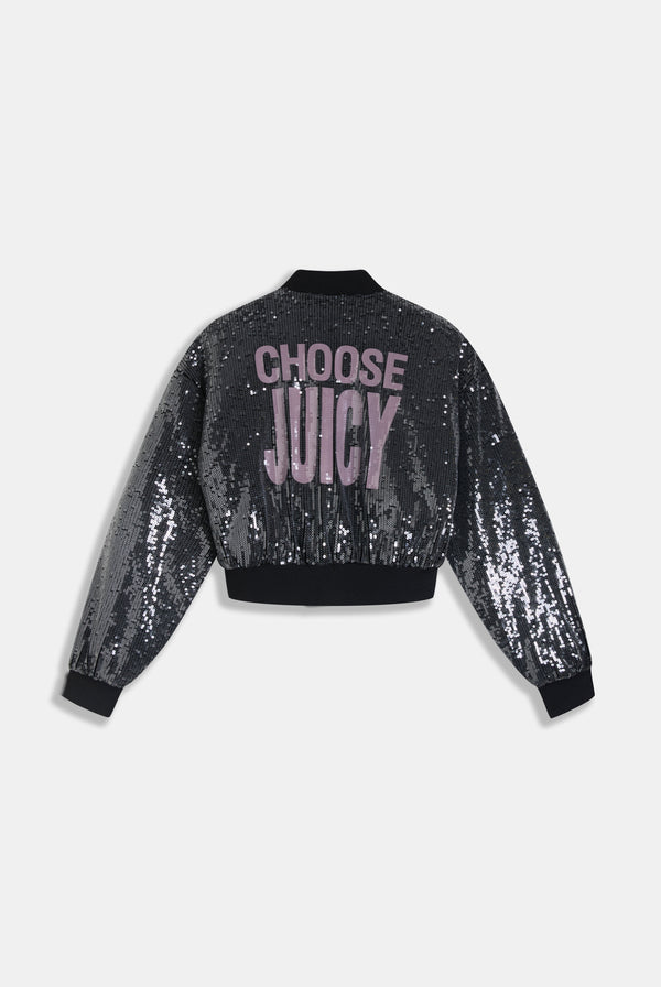 Displays the 'juicy' branded choose juicy sequin cropped bomber featuring the juicy branding 
