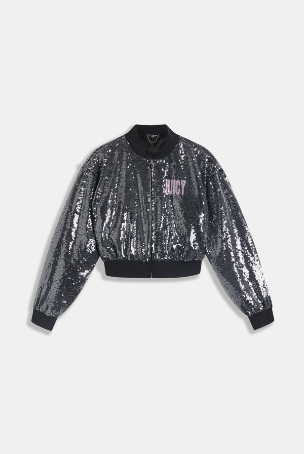 Displays the 'juicy' branded choose juicy sequin cropped bomber 
