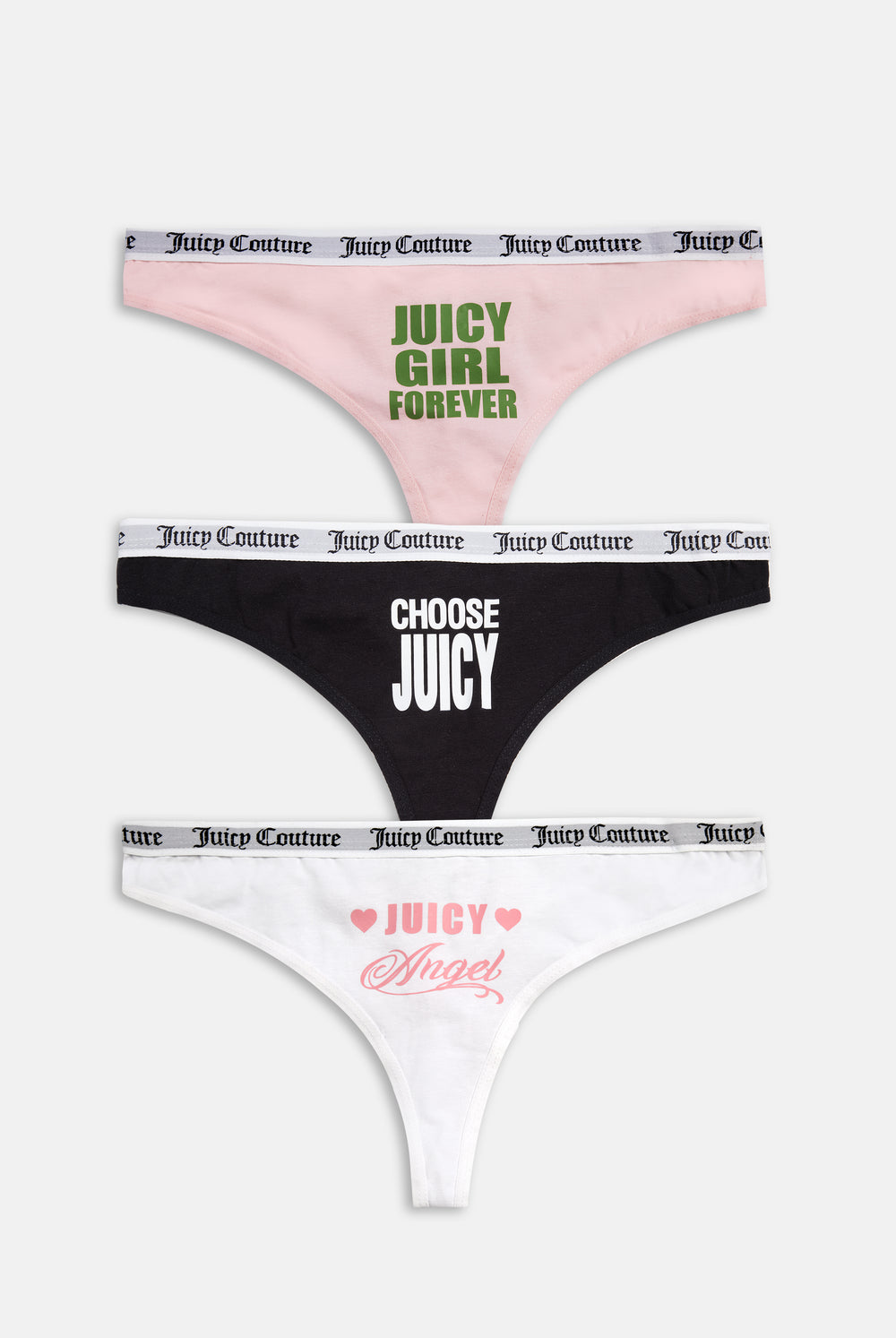 Displays all 3 of the white black & pink 'Juicy' branded Slogan Novelty Thongs included in the Pack Of 3