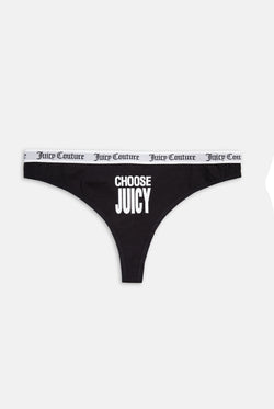 Displays the black 'Juicy' branded Slogan Novelty Thongs included in the Pack Of 3