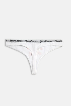 Displays the white 'Juicy' branded Slogan Novelty Thongs included in the Pack Of 3