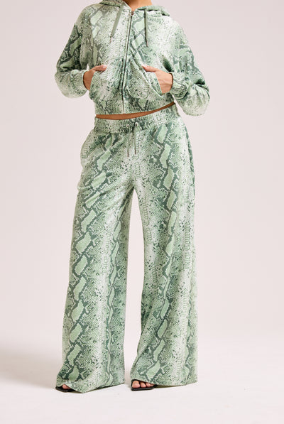 GREEN SNAKE PRINT DIAMANTÉ LOW RISE TRACK BOTTOM