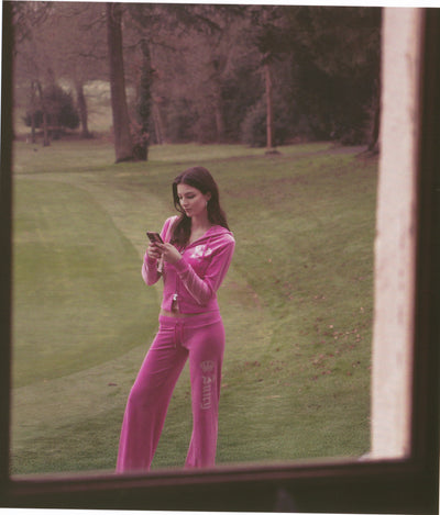 SUPER PINK DIAMANTÉ CROWN OG STRAIGHT LOW RISE VELOUR BOTTOMS