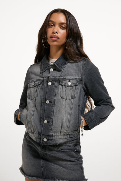 Washed Black Stretch Denim Fitted Jacket