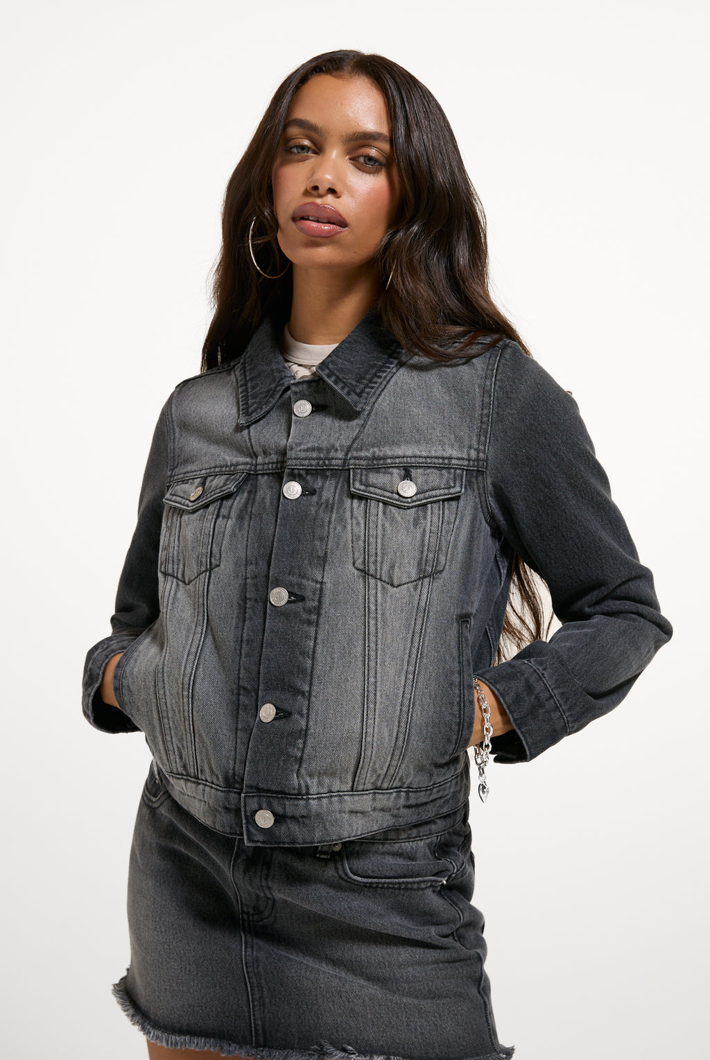 Washed Black Stretch Denim Fitted Jacket